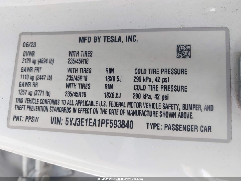 2023 Tesla Model 3 VIN 5YJ3E1EA1PF593840 IAAI salvage auction — FRONT END, Salvage (Arizona), sold $2,975 on 2026-08-01 (photo 9)
