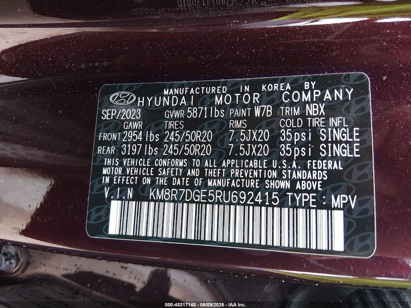 2024 Hyundai Palisade VIN KM8R7DGE5RU692415 IAAI salvage auction — FRONT END, Salvage Title, sold $11,800 on 2026-07-28 (photo 9)