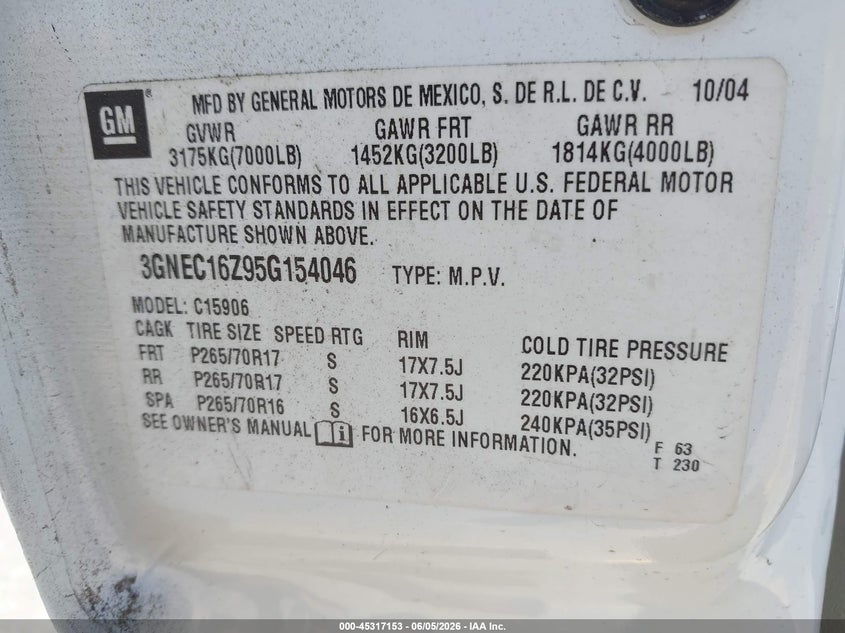 2005 Chevrolet Suburban 1500 VIN 3GNEC16Z95G154046 IAAI salvage auction — NORMAL WEAR, Clear - Dealer Only (California), sold $450 on 2026-07-07 (photo 9)