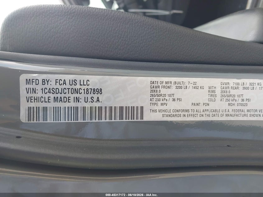 2022 Dodge Durango VIN 1C4SDJCT0NC187898 IAAI salvage auction — FRONT END, Salvage Title, sold $3,200 on 2026-07-29 (photo 9)