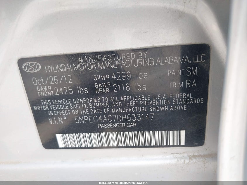2013 Hyundai Sonata VIN 5NPEC4AC7DH633147 IAAI salvage auction — HAIL, Salvage (Idaho), sold $200 on 2026-07-29 (photo 9)