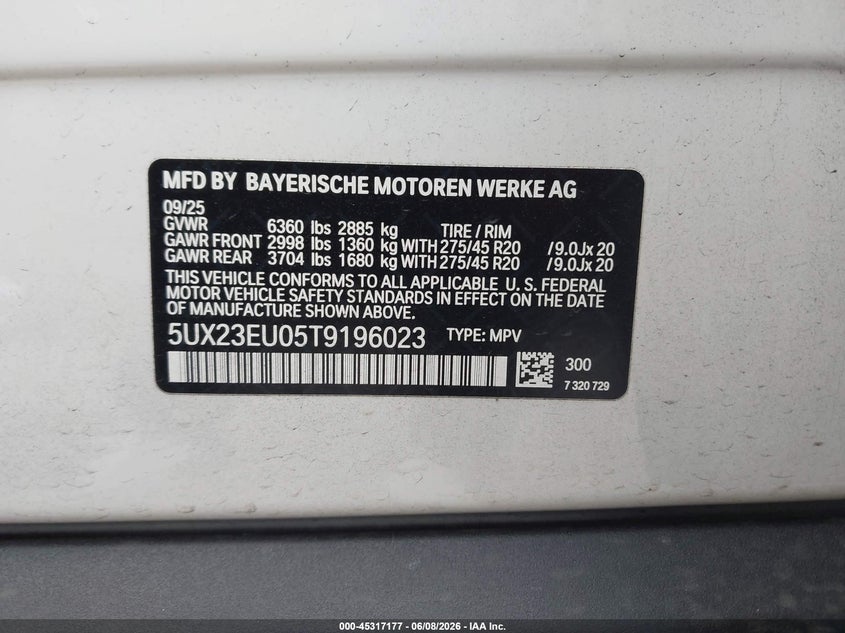 2026 BMW X5 VIN 5UX23EU05T9196023 IAAI salvage auction — FRONT END, Salvage Title, sold $33,250 on 2026-07-30 (photo 9)