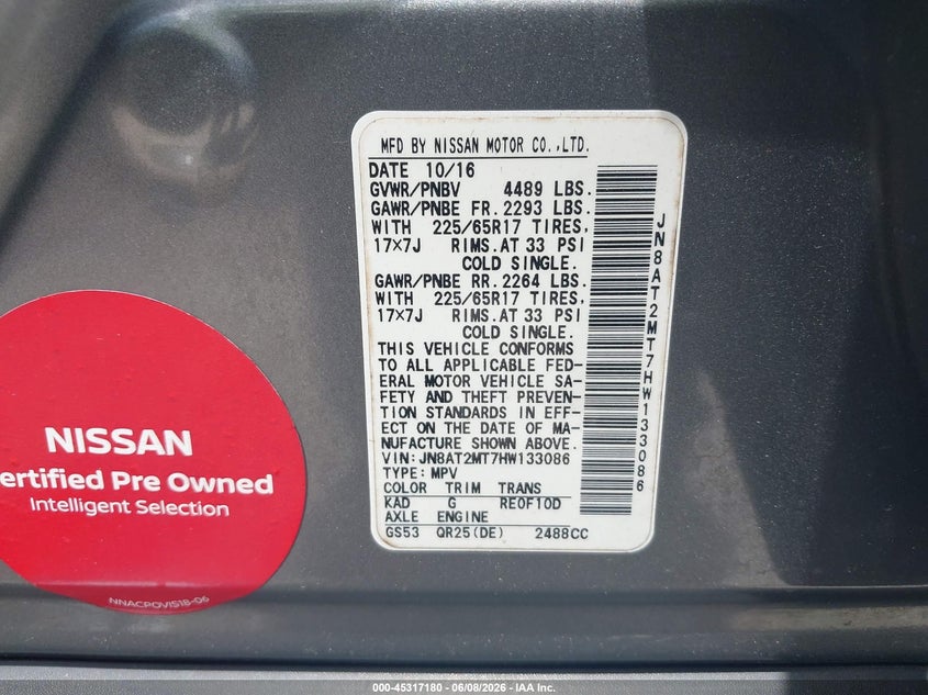 2017 Nissan Rogue VIN JN8AT2MT7HW133086 IAAI salvage auction — RIGHT SIDE, Original (Texas), sold $1,800 on 2026-07-15 (photo 9)