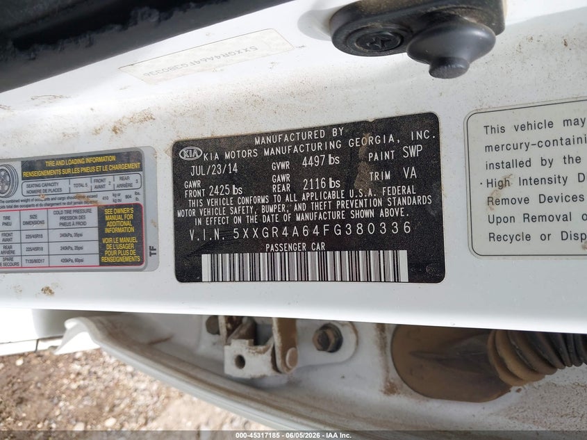 2015 Kia Optima VIN 5XXGR4A64FG380336 IAAI salvage auction — HAIL, Salvage Title, sold $25 on 2026-07-29 (photo 9)