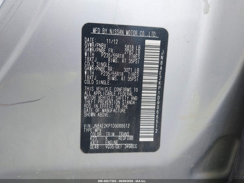 2013 Nissan Quest VIN JN8AE2KP1D9066512 IAAI salvage auction — FRONT END, Rebuildable (Florida), sold $300 on 2026-07-30 (photo 9)