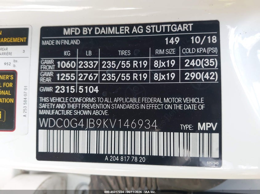 2019 Mercedes-benz Glc VIN WDC0G4JB9KV146934 IAAI salvage auction — RIGHT FRONT, Salvage (Arizona), sold $5,500 on 2026-07-07 (photo 9)