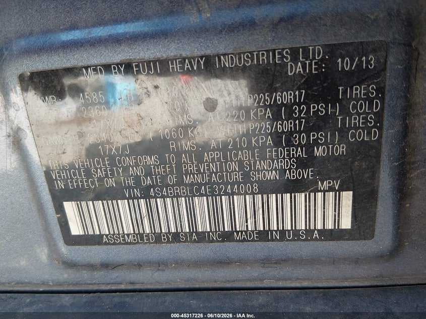 2014 Subaru Outback VIN 4S4BRBLC4E3244008 IAAI salvage auction — FRONT END, Salvage Title, sold $225 on 2026-08-31 (photo 9)