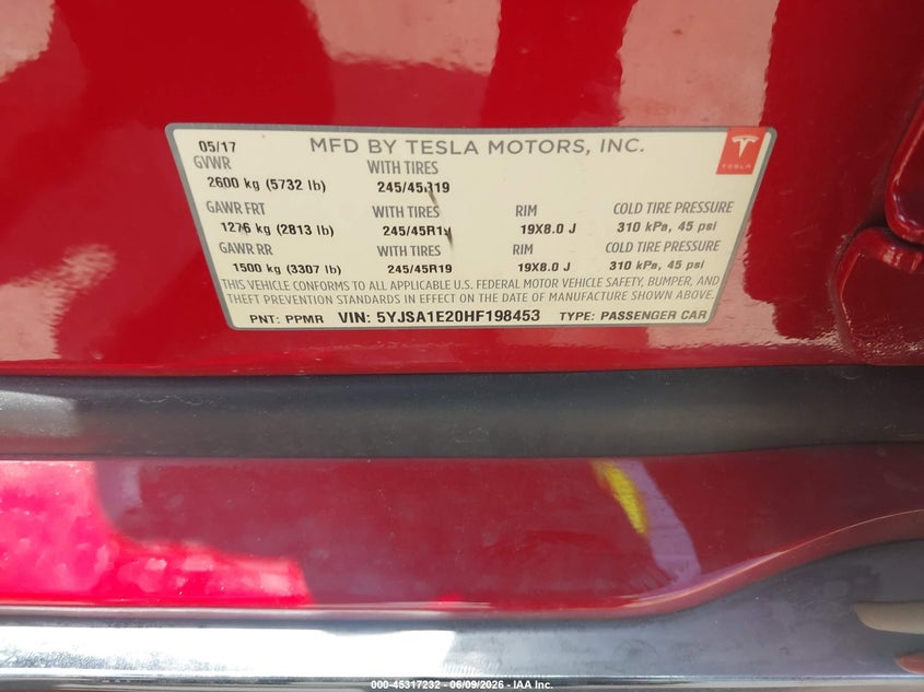 2017 Tesla Model s VIN 5YJSA1E20HF198453 IAAI salvage auction — WATER/FLOOD, Salvage Title, sold $4,250 on 2026-07-10 (photo 9)