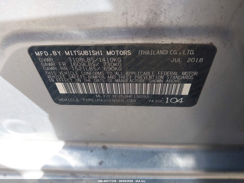2018 Mitsubishi Mirage VIN ML32F3FJ5JHF15092 IAAI salvage auction — NORMAL WEAR, Clear (Indiana), sold $775 on 2026-07-08 (photo 9)