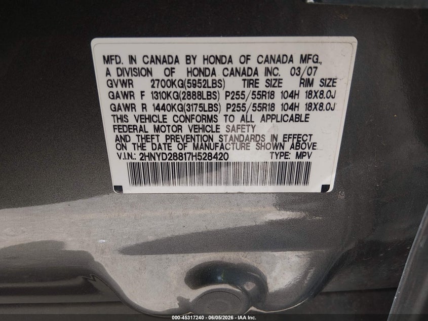 2007 Acura Mdx VIN 2HNYD28817H528420 IAAI salvage auction — LEFT SIDE, Salvage (Colorado), sold $25 on 2026-07-11 (photo 9)