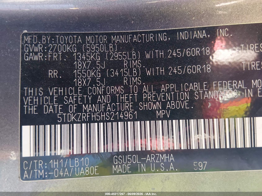 2017 Toyota Highlander VIN 5TDKZRFH5HS214961 IAAI salvage auction — FRONT END, Salvage Title, sold $4,650 on 2026-07-18 (photo 9)