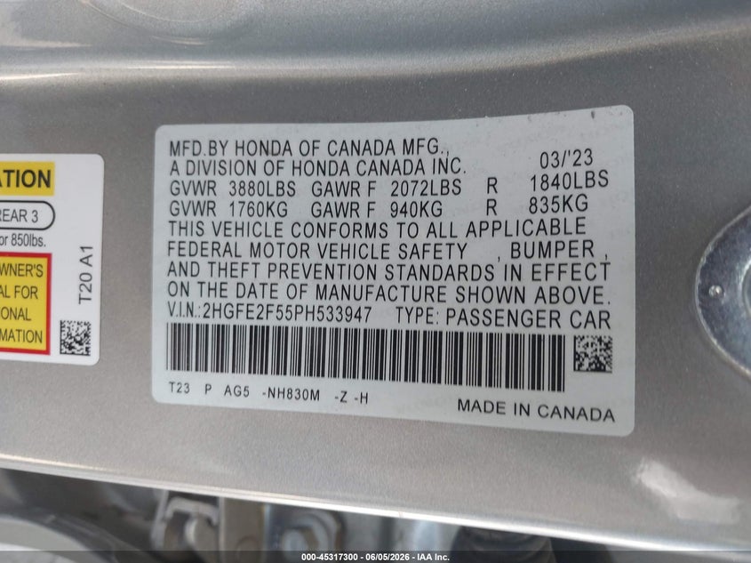2023 Honda Civic VIN 2HGFE2F55PH533947 IAAI salvage auction — HAIL, Salvage Title, sold $10,500 on 2026-07-29 (photo 9)