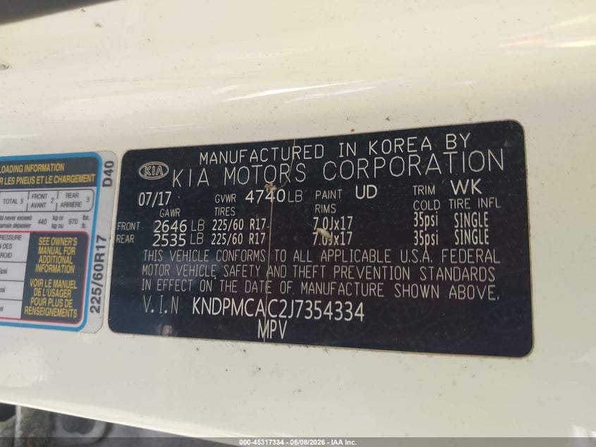 2018 Kia Sportage VIN KNDPMCAC2J7354334 IAAI salvage auction — ALL OVER, Salvage Title, sold $1,250 on 2026-07-09 (photo 9)