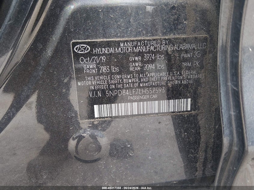 2020 Hyundai Elantra VIN 5NPD84LF7LH557593 IAAI salvage auction — REAR END, Salvage Title, sold $2,550 on 2026-07-29 (photo 9)