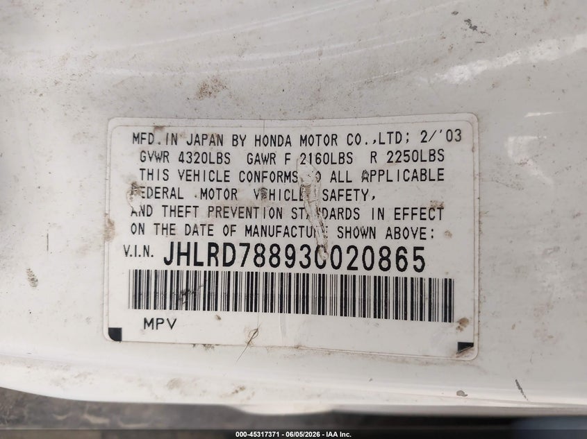 2003 Honda Cr-v VIN JHLRD78893C020865 IAAI salvage auction — NORMAL WEAR, Rebuilt/Restored (Utah), sold $225 on 2026-07-13 (photo 9)