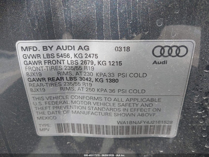 2018 Audi Q5 VIN WA1BNAFY4J2161528 IAAI salvage auction — LEFT SIDE, Salvage Title, sold $8,150 on 2026-07-15 (photo 9)