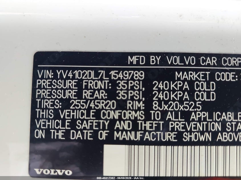 2020 Volvo Xc60 VIN YV4102DL7L1549789 IAAI salvage auction — RIGHT FRONT, Salvage Title, sold $9,125 on 2026-08-05 (photo 9)
