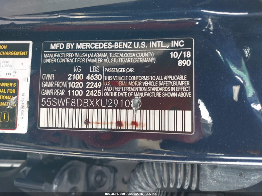 2019 Mercedes-benz C-klasse VIN 55SWF8DBXKU291080 IAAI salvage auction — RIGHT SIDE, Wait Title, sold $25 on 2026-08-04 (photo 9)