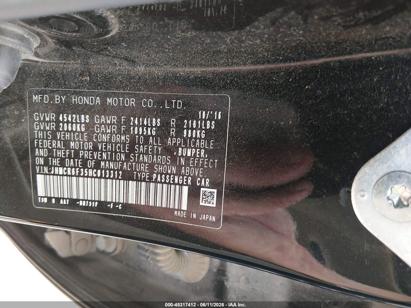 2017 Honda Accord VIN JHMCR6F35HC013312 IAAI salvage auction — HAIL, Salvage (Kansas), sold $5,600 on 2026-07-17 (photo 9)