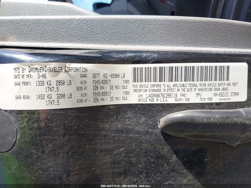 2006 Jeep Grand cherokee VIN 1J4GR48K76C295116 IAAI salvage auction — FRONT END, Salvage (Ohio), sold $350 on 2026-07-09 (photo 9)