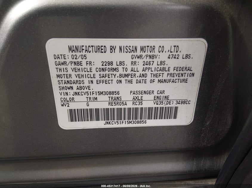 2005 Infiniti G VIN JNKCV51F15M308856 IAAI salvage auction — NORMAL WEAR, Clear (Illinois), sold $425 on 2026-07-22 (photo 9)