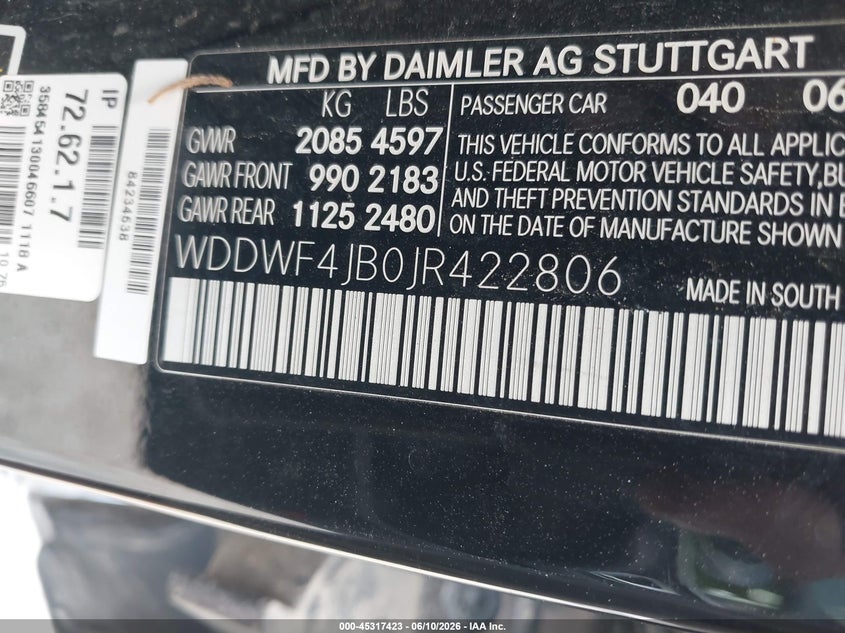 2018 Mercedes-benz C-klasse VIN WDDWF4JB0JR422806 IAAI salvage auction — WATER/FLOOD, Salvage Title, sold $4,750 on 2026-08-19 (photo 9)