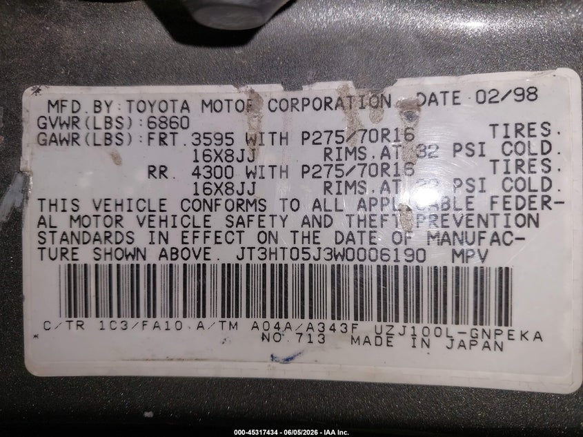 1998 Toyota Land cruiser VIN JT3HT05J3W0006190 IAAI salvage auction — NORMAL WEAR, Clear (Michigan), sold $325 on 2026-07-28 (photo 9)