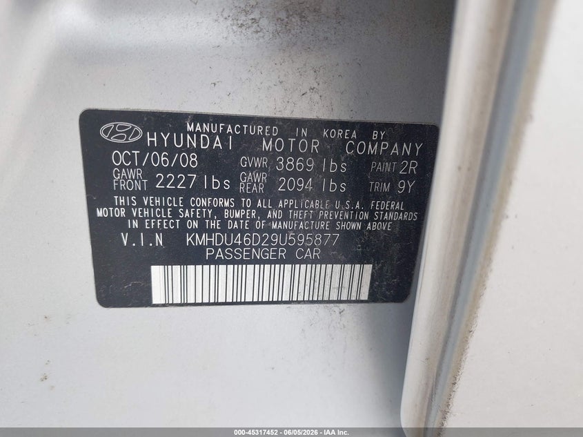 2009 Hyundai Elantra VIN KMHDU46D29U595877 IAAI salvage auction — REAR END, Salvage (Illinois), sold $25 on 2026-07-22 (photo 9)