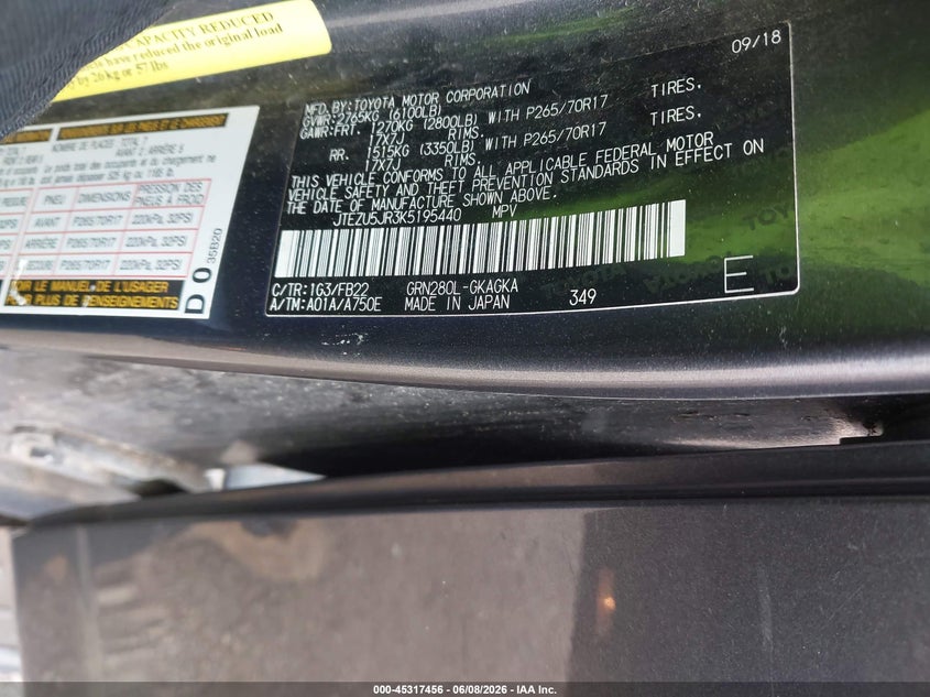 2019 Toyota 4runner VIN JTEZU5JR3K5195440 IAAI salvage auction — ROLLOVER, Salvage (Texas), sold $4,750 on 2026-07-30 (photo 9)