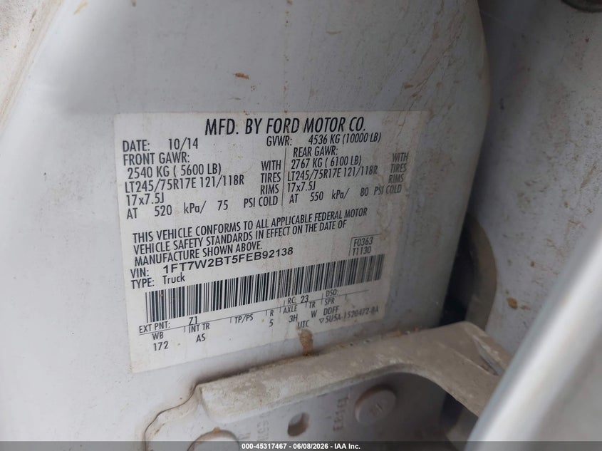 2015 Ford F250 VIN 1FT7W2BT5FEB92138 IAAI salvage auction — RIGHT SIDE, Salvage Title, sold $3,450 on 2026-07-02 (photo 9)