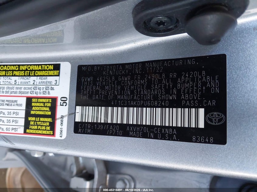2023 Toyota Camry VIN 4T1C31AK0PU608240 IAAI salvage auction — FRONT END, Salvage (California), sold $8,850 on 2026-07-09 (photo 9)