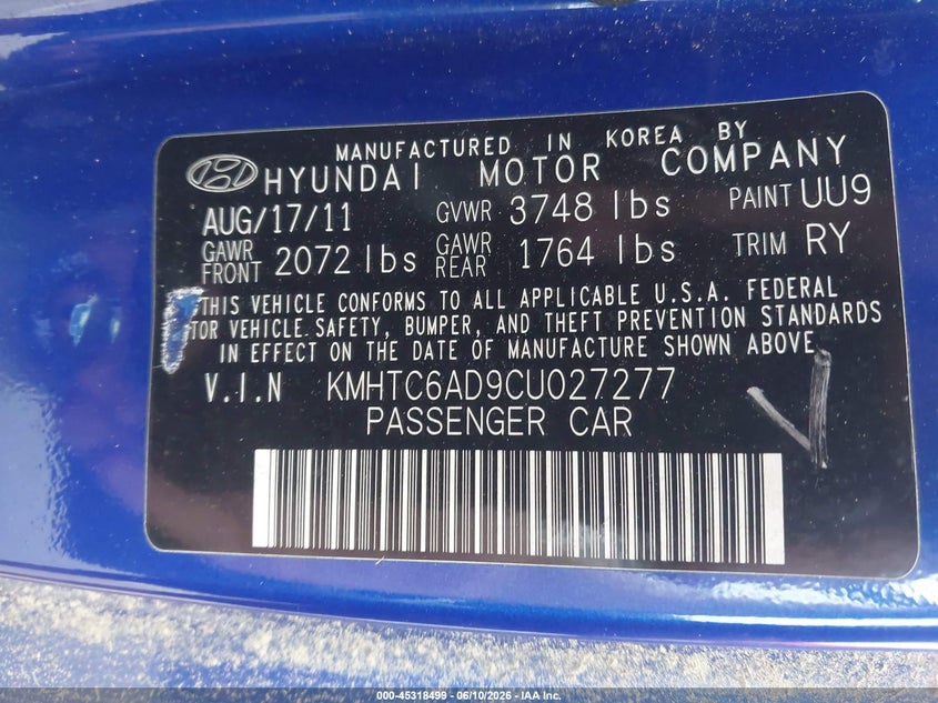 2012 Hyundai Veloster VIN KMHTC6AD9CU027277 IAAI salvage auction — NORMAL WEAR, Clear (North Carolina), sold $500 on 2026-07-22 (photo 9)