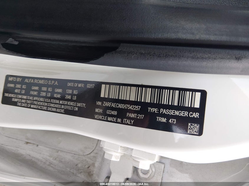 2017 Alfa romeo Giulia VIN ZARFAECNXH7542257 IAAI salvage auction — UNKNOWN, Salvage Title, sold $4,400 on 2026-08-22 (photo 9)