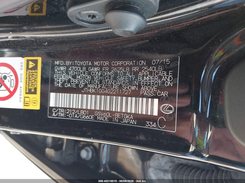 2016 Lexus ES VIN JTHBK1GG4G2211727 IAAI salvage auction — HAIL, Salvage Title, sold $6,875 on 2026-07-29 (photo 9)
