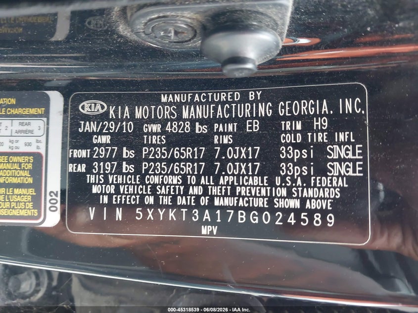2011 Kia Sorento VIN 5XYKT3A17BG024589 IAAI salvage auction — NORMAL WEAR, Original (Texas), sold $1,025 on 2026-07-08 (photo 9)