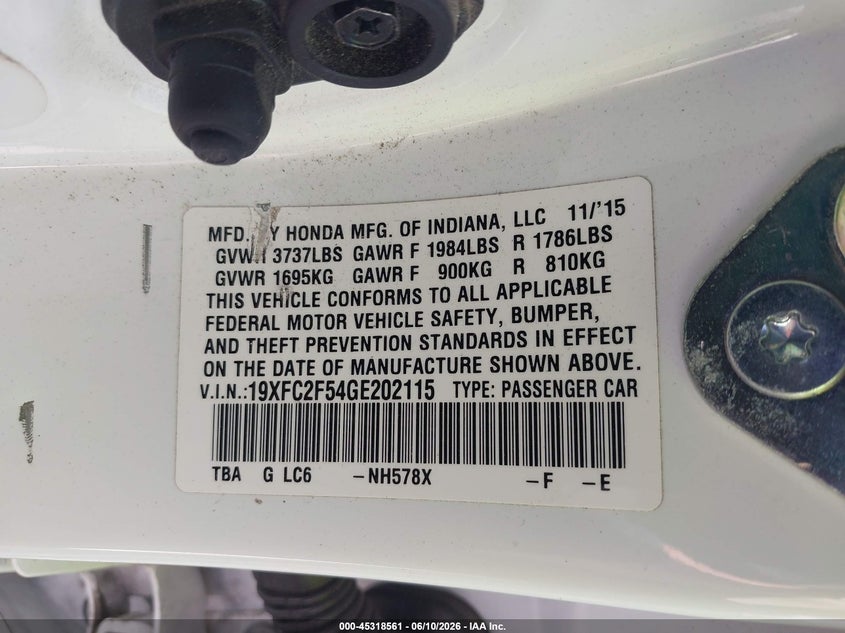2016 Honda Civic VIN 19XFC2F54GE202115 IAAI salvage auction — REAR END, Salvage Title, sold $2,475 on 2026-07-10 (photo 9)