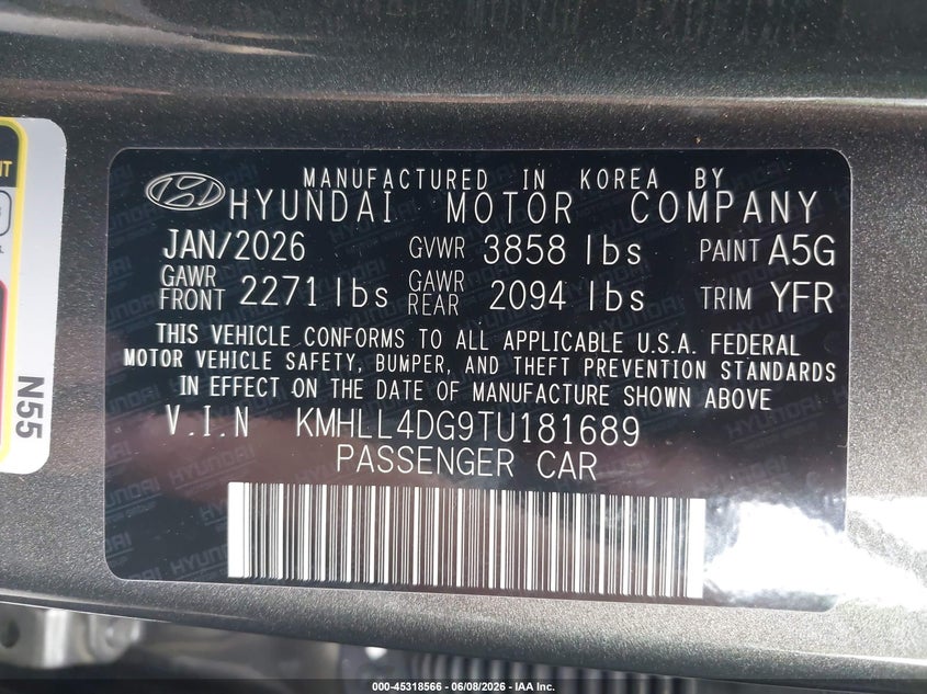 2026 Hyundai Elantra VIN KMHLL4DG9TU181689 IAAI salvage auction — FRONT END, Salvage Title, sold $6,200 on 2026-07-11 (photo 9)