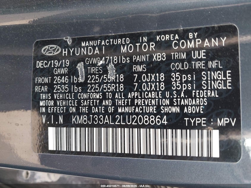 2020 Hyundai Tucson VIN KM8J33AL2LU208864 IAAI salvage auction — LEFT SIDE, Salvage Title, sold $3,450 on 2026-07-07 (photo 9)