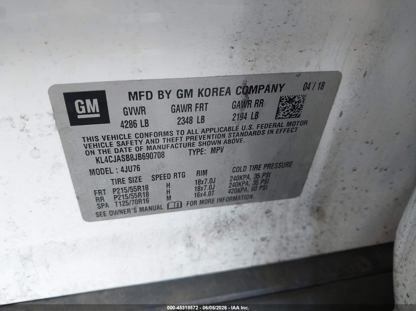 2018 Buick Encore VIN KL4CJASB8JB690708 IAAI salvage auction — NORMAL WEAR, Restored (Arizona), sold $1,100 on 2026-07-07 (photo 9)