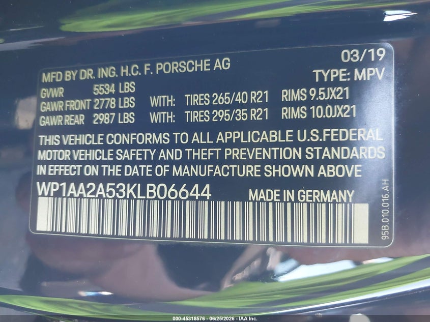 2019 Porsche Macan VIN WP1AA2A53KLB06644 IAAI salvage auction — FRONT END, Salvage Certificate (California), sold $9,000 on 2026-07-10 (photo 9)