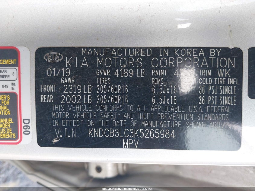 2019 Kia Niro VIN KNDCB3LC3K5265984 IAAI salvage auction — FRONT END, Salvage Title, sold $625 on 2026-07-29 (photo 9)