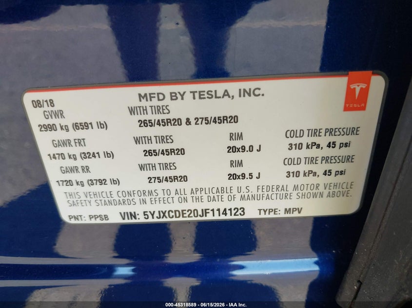 2018 Tesla Model x VIN 5YJXCDE20JF114123 IAAI salvage auction — LEFT REAR, Salvage (Oregon), sold $9,025 on 2026-08-27 (photo 9)