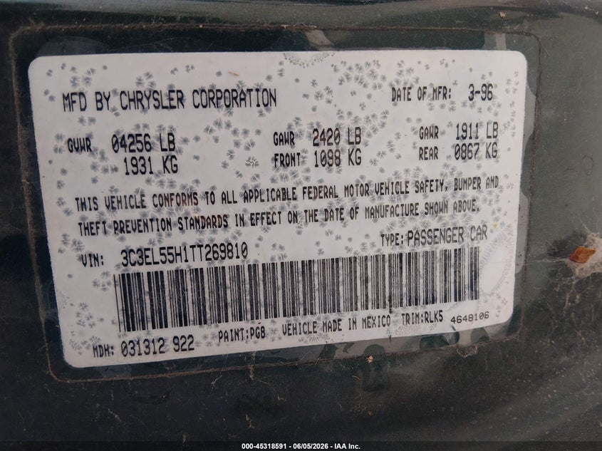 1996 Chrysler Sebring VIN 3C3EL55H1TT269810 IAAI salvage auction — NORMAL WEAR, Clear (Missouri), sold $200 on 2026-07-07 (photo 9)