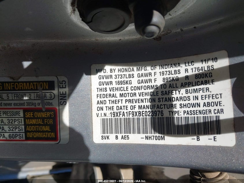 2011 Honda Civic VIN 19XFA1F9XBE023976 IAAI salvage auction — BIO HAZARD, Non-Repairable (California), sold $650 on 2026-07-09 (photo 9)