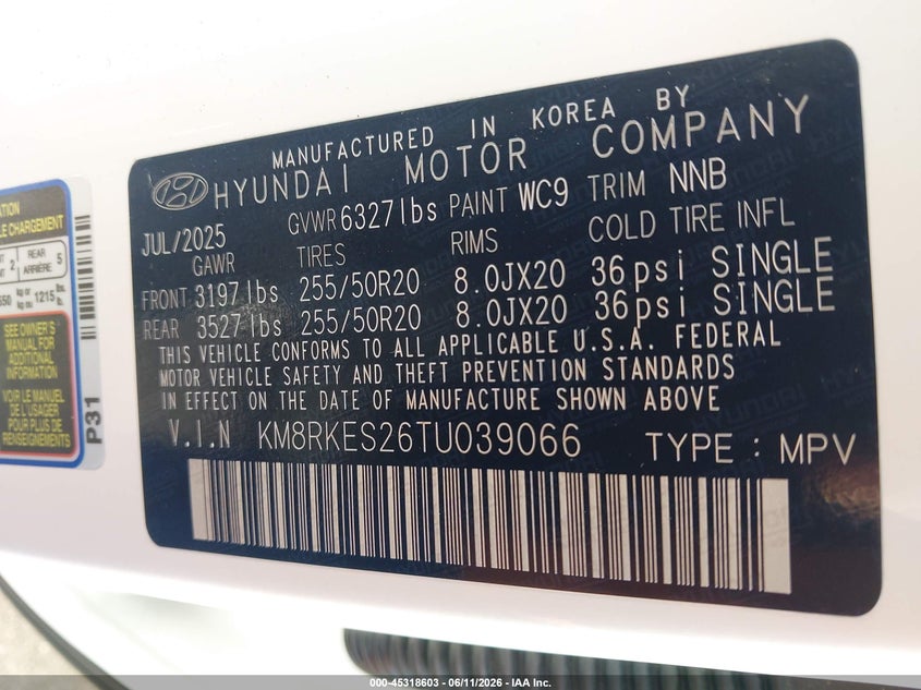 2026 Hyundai Palisade VIN KM8RKES26TU039066 IAAI salvage auction — FRONT END, Salvage Title, sold $20,100 on 2026-07-22 (photo 9)