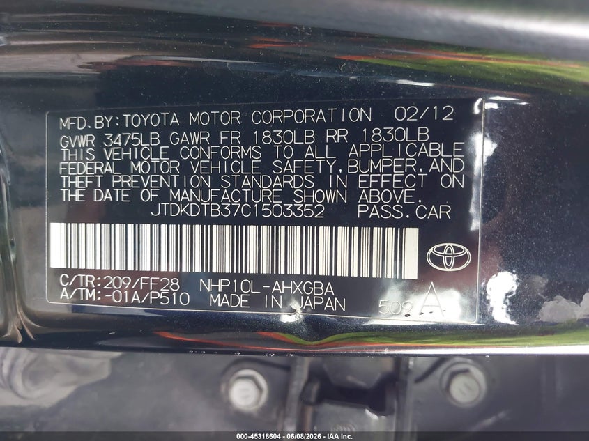2012 Toyota Prius c VIN JTDKDTB37C1503352 IAAI salvage auction — NORMAL WEAR, Salvage Title, sold $1,250 on 2026-07-15 (photo 9)