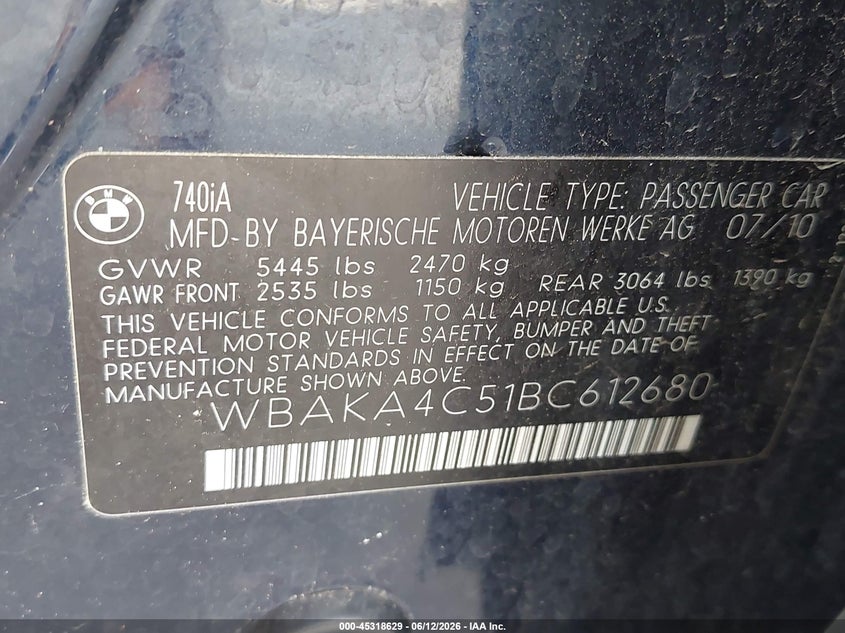 2011 BMW 7 series VIN WBAKA4C51BC612680 IAAI salvage auction — NORMAL WEAR, Clear (Montana), sold $675 on 2026-07-20 (photo 9)