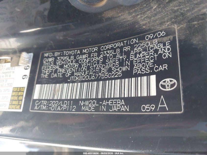 2007 Toyota Prius VIN JTDKB20U677550225 IAAI salvage auction — RIGHT FRONT, Clear - Dealer Only (California), sold $575 on 2026-07-22 (photo 9)