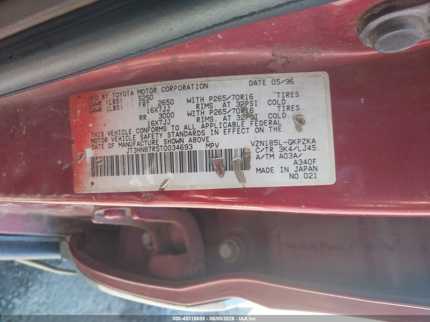 1996 Toyota 4runner VIN JT3HN87R5T0034693 IAAI salvage auction — LEFT SIDE, Salvage (California), sold $1,100 on 2026-07-08 (photo 9)