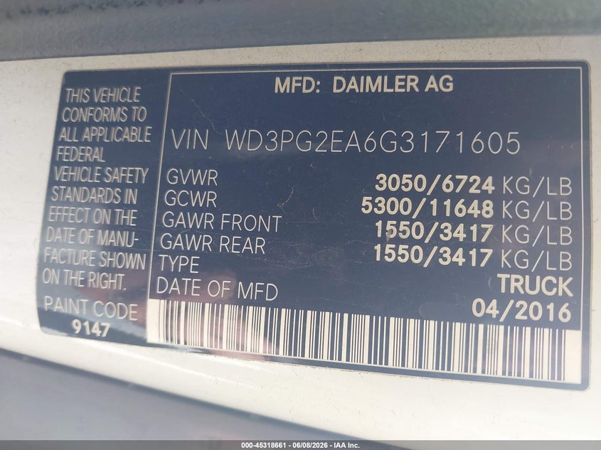 2016 Mercedes-benz Metris VIN WD3PG2EA6G3171605 IAAI salvage auction — RIGHT REAR, Salvage Title, sold $2,650 on 2026-07-11 (photo 9)